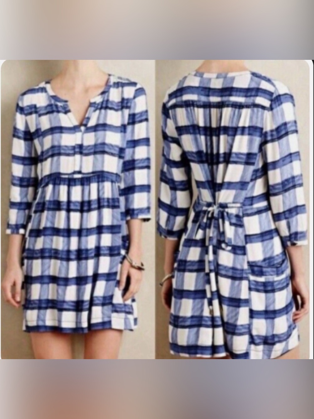 Anthropologie Maeve Devery Plaid Tie Back Mini Dress Blue White (size- XS) - Picture 9 of 9